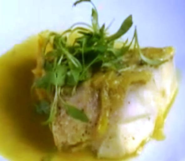 Poached wild striped bass, cauliflower puree Caldin, curry Recipe